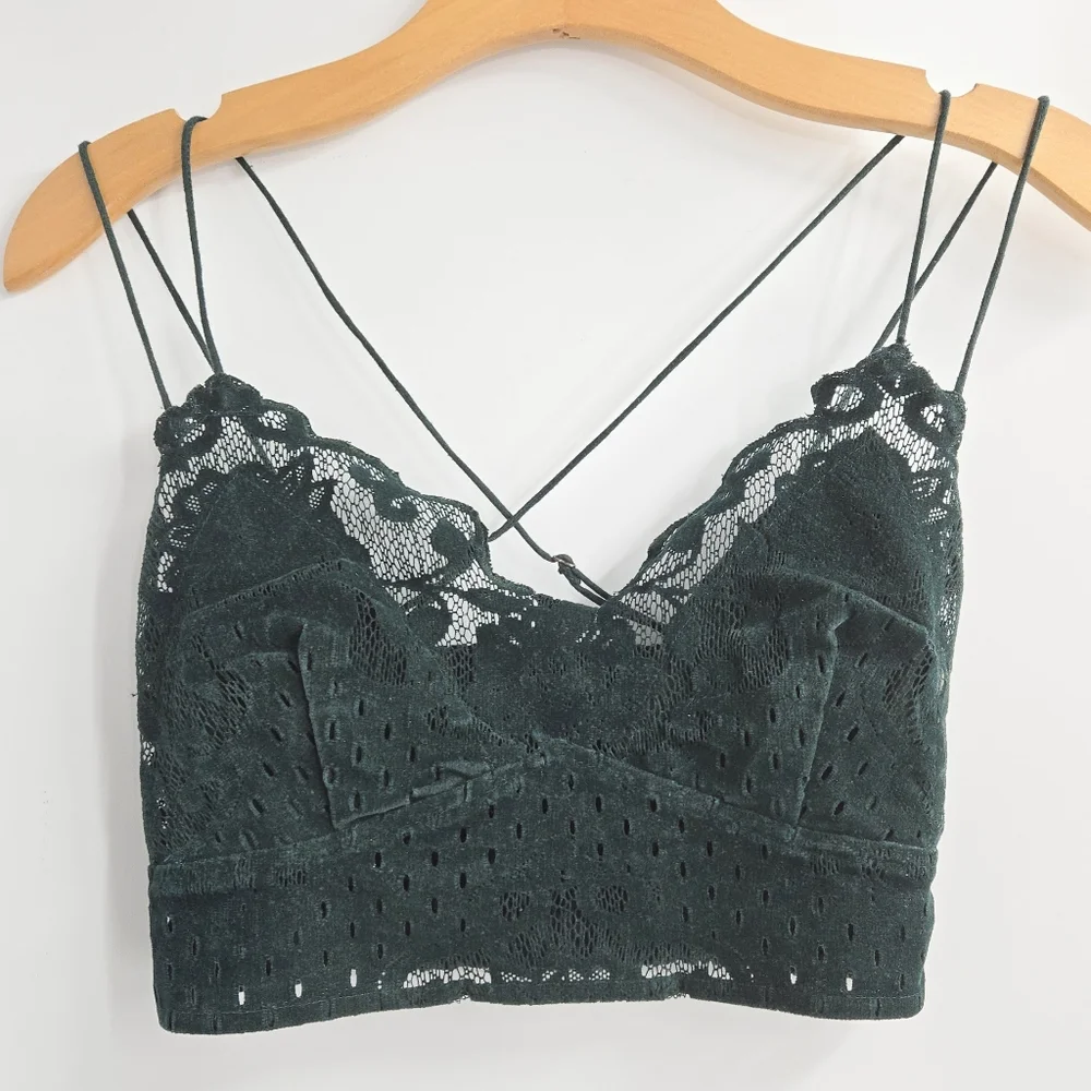 Free People‎ Intimately Adella Bralette Green Flocked Velvet Lace